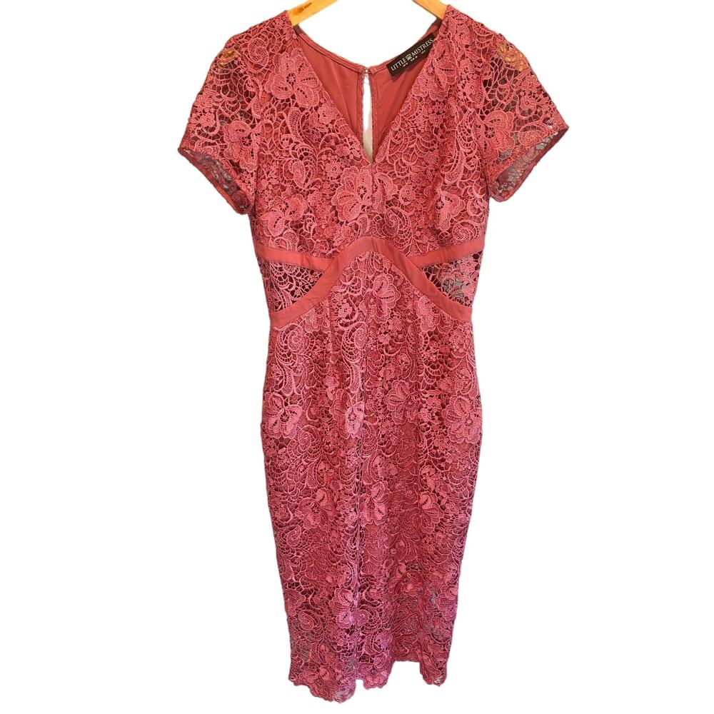 Little Mistress Rose Pink Floral Lace Short Sleeve Midi Dress - size 6